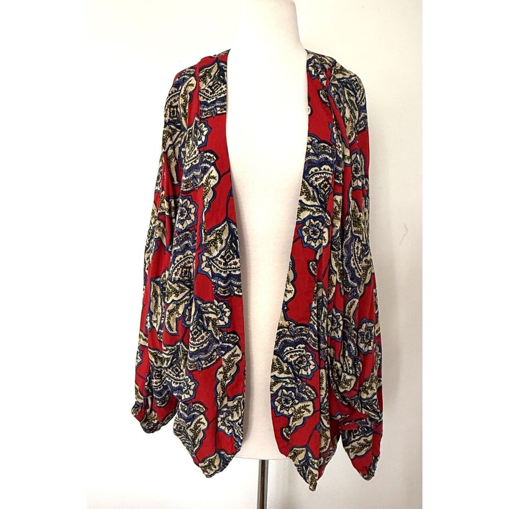 Maurices Red Blue Floral Rayon Kimono Dolman Sleeve Boho Cardigan Shrug Sz L/XL